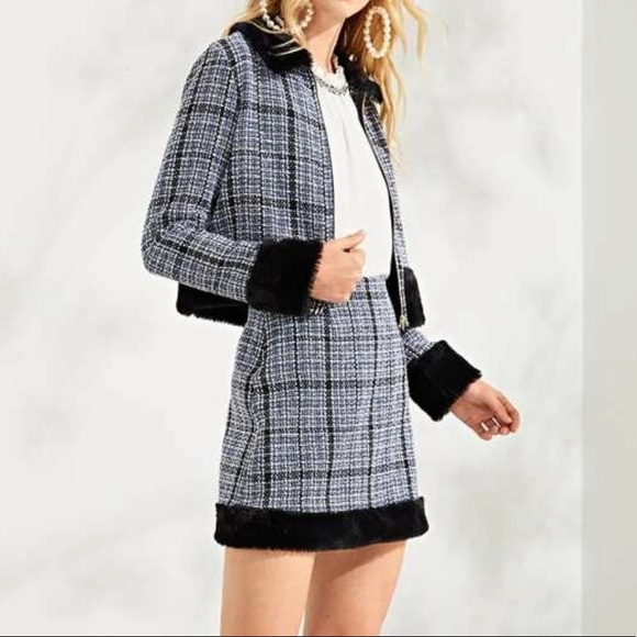 Faux fur plaid coat & skirt set - Picture 3 of 5
